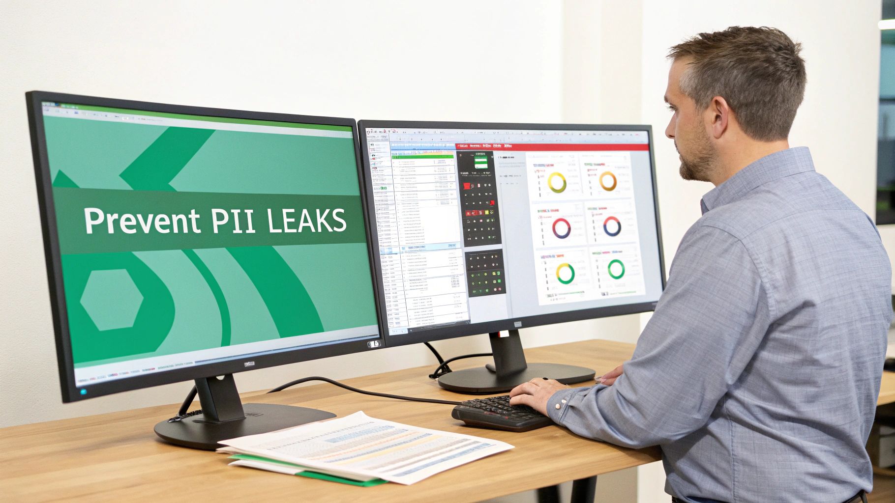 A man works on dual computer monitors, one displaying 'Prevent PII LEAKS' on a green screen.