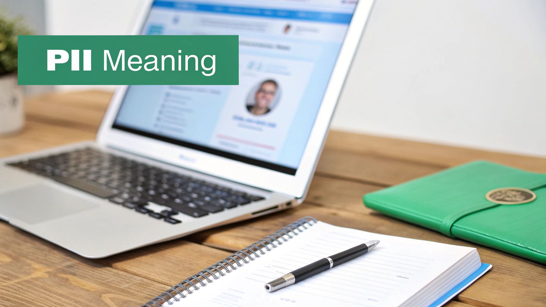 A desk with a laptop displaying a profile, a notebook, pen, and a green folder, with "PII Meaning" text.