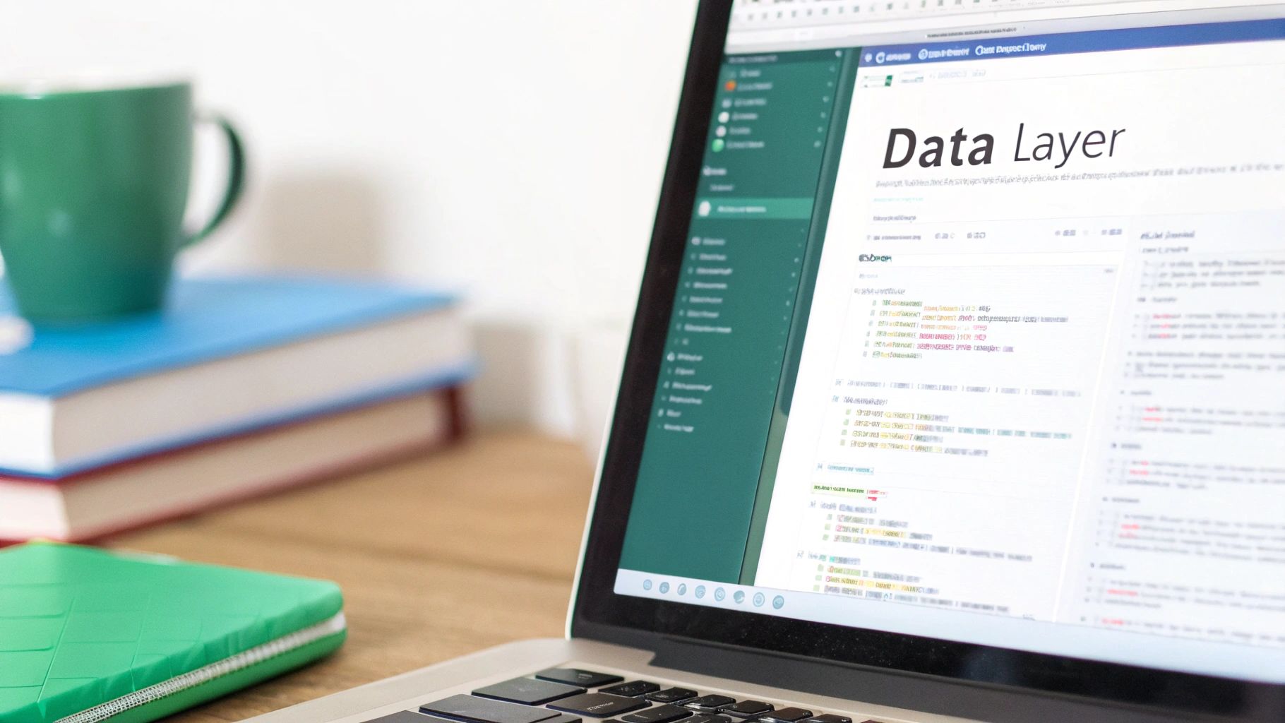 A laptop screen displays 'Data Layer' text and code, with a green mug, books, and a journal on a wooden desk.