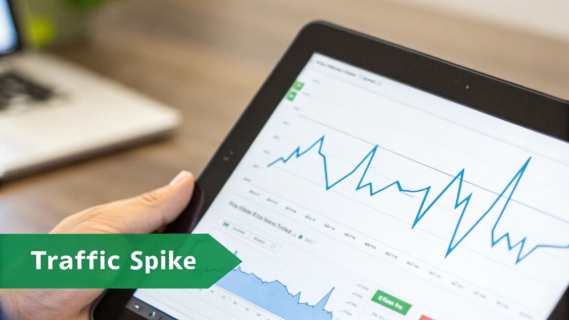 A hand holds a tablet displaying a blue line graph showing a significant traffic spike, with a laptop in the background.