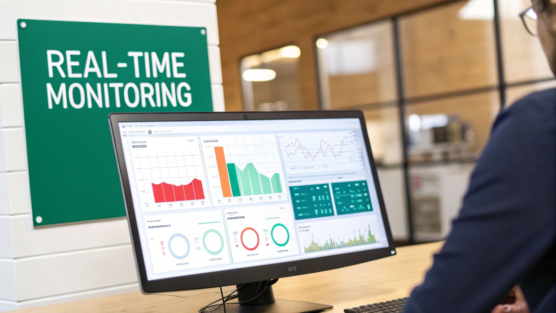 A person monitors data on a computer screen displaying real-time graphs and charts.