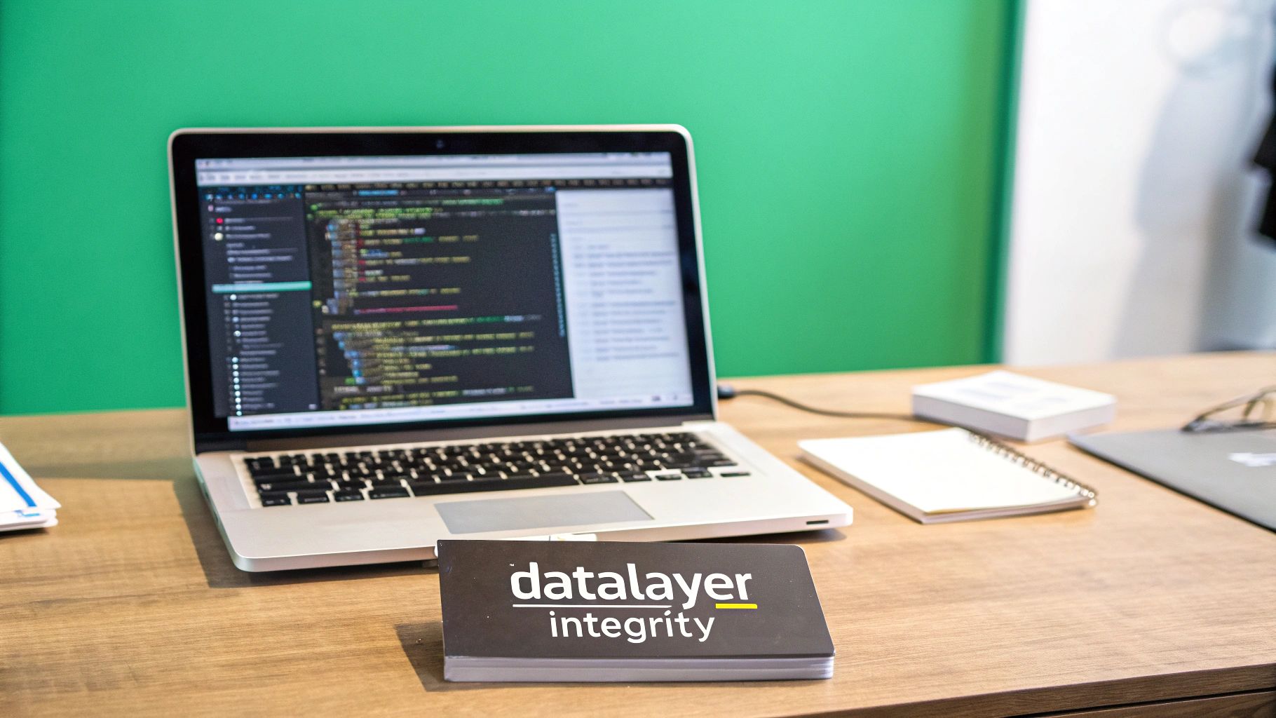 A laptop displaying programming code, a "datalayer integrity" book, and office supplies on a wooden desk.