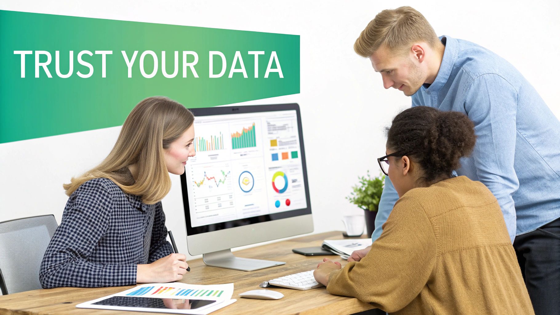 Diverse team collaborating, analyzing data visualizations on a monitor in an office setting.