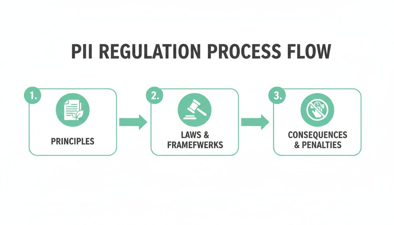 Flowchart illustrating the PII regulation process, covering principles, laws and frameworks, and consequences with penalties.