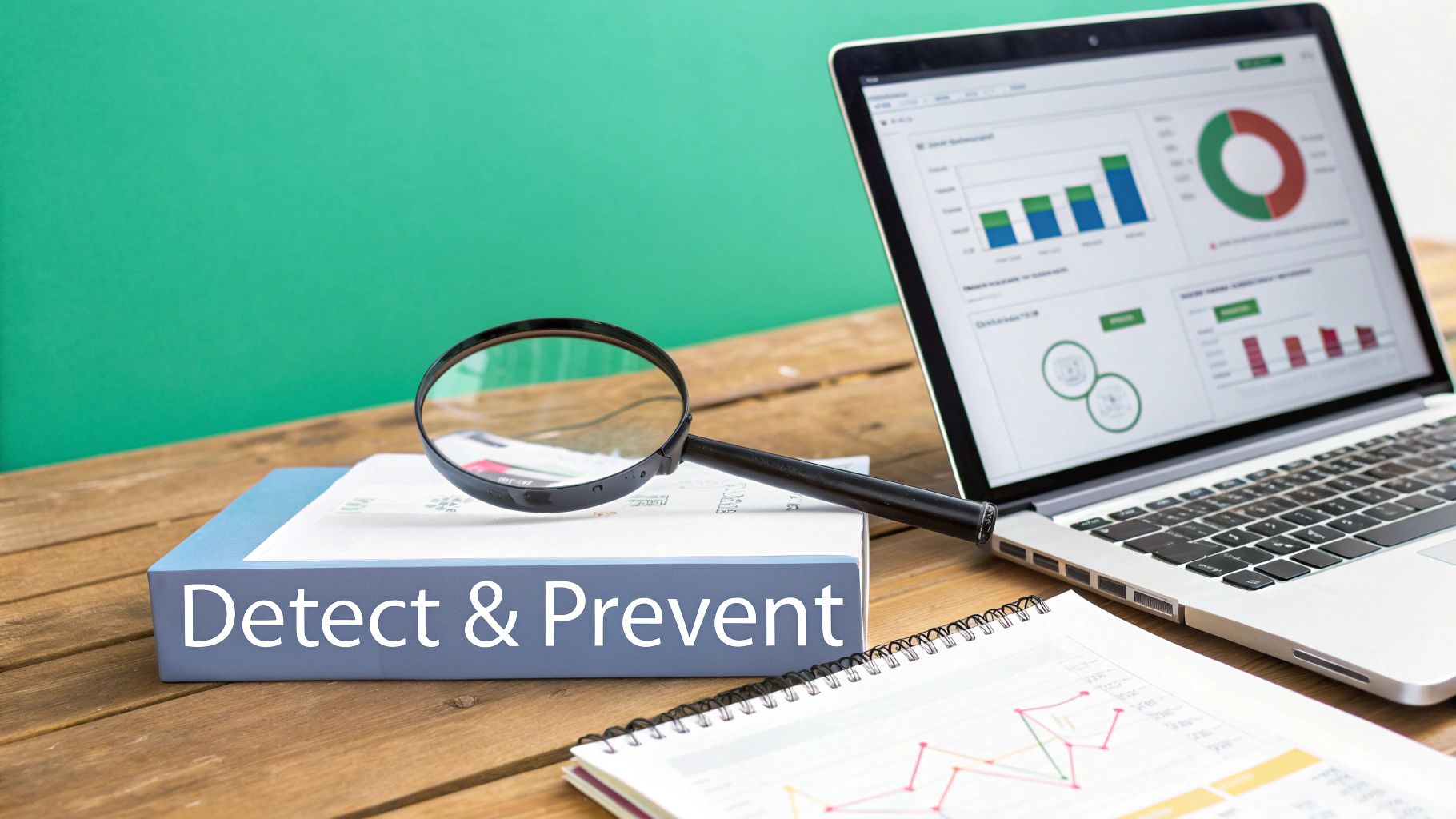 A magnifying glass rests on a book titled 'Detect & Prevent' beside a laptop displaying data charts and a notebook.