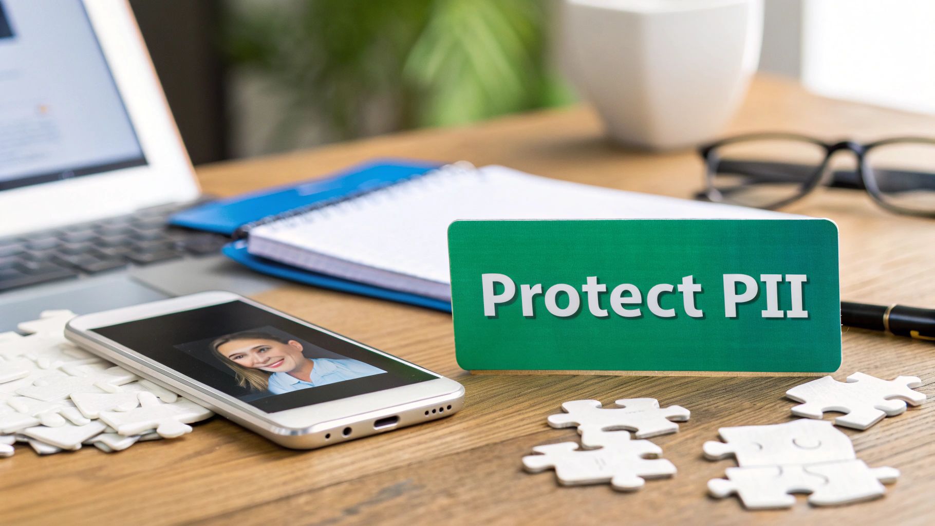 Desk with laptop, smartphone displaying a person, puzzle pieces, and a 'Protect PII' sign, emphasizing data security.