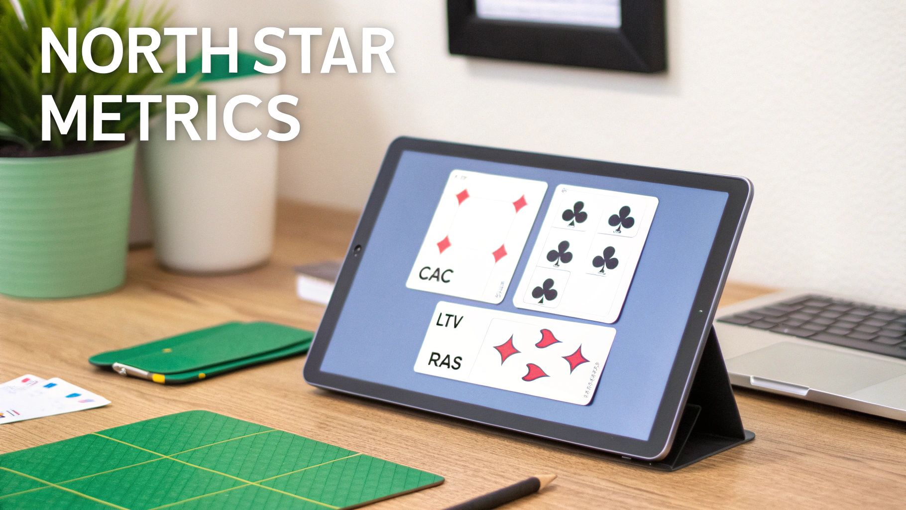 A tablet on a desk displays playing cards with business metrics like CAC, LTV, and RAS, with 'North Star Metrics' text overlay.
