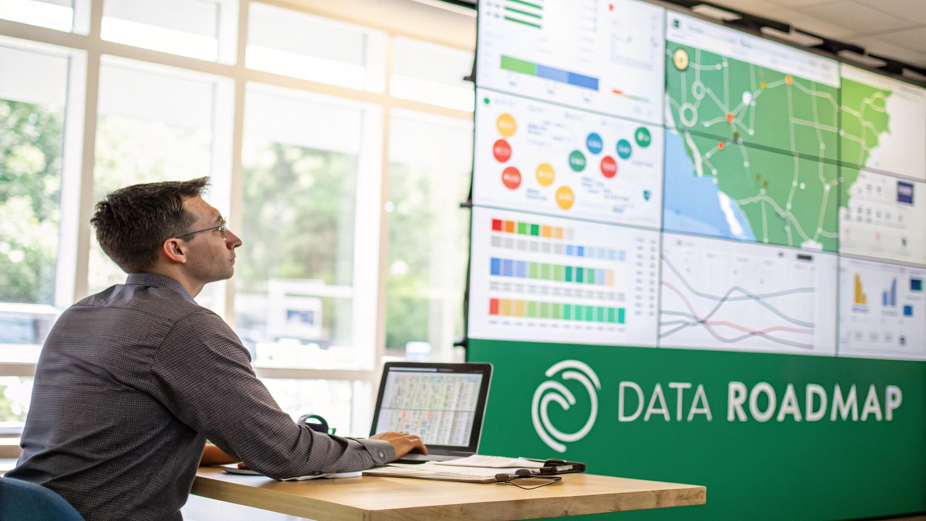 Professional analyzing complex data visualizations on a large video wall with a laptop.