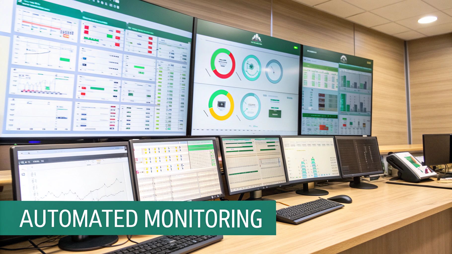 A control room with multiple large screens displaying data dashboards and smaller monitors on a wooden desk, emphasizing automated monitoring.