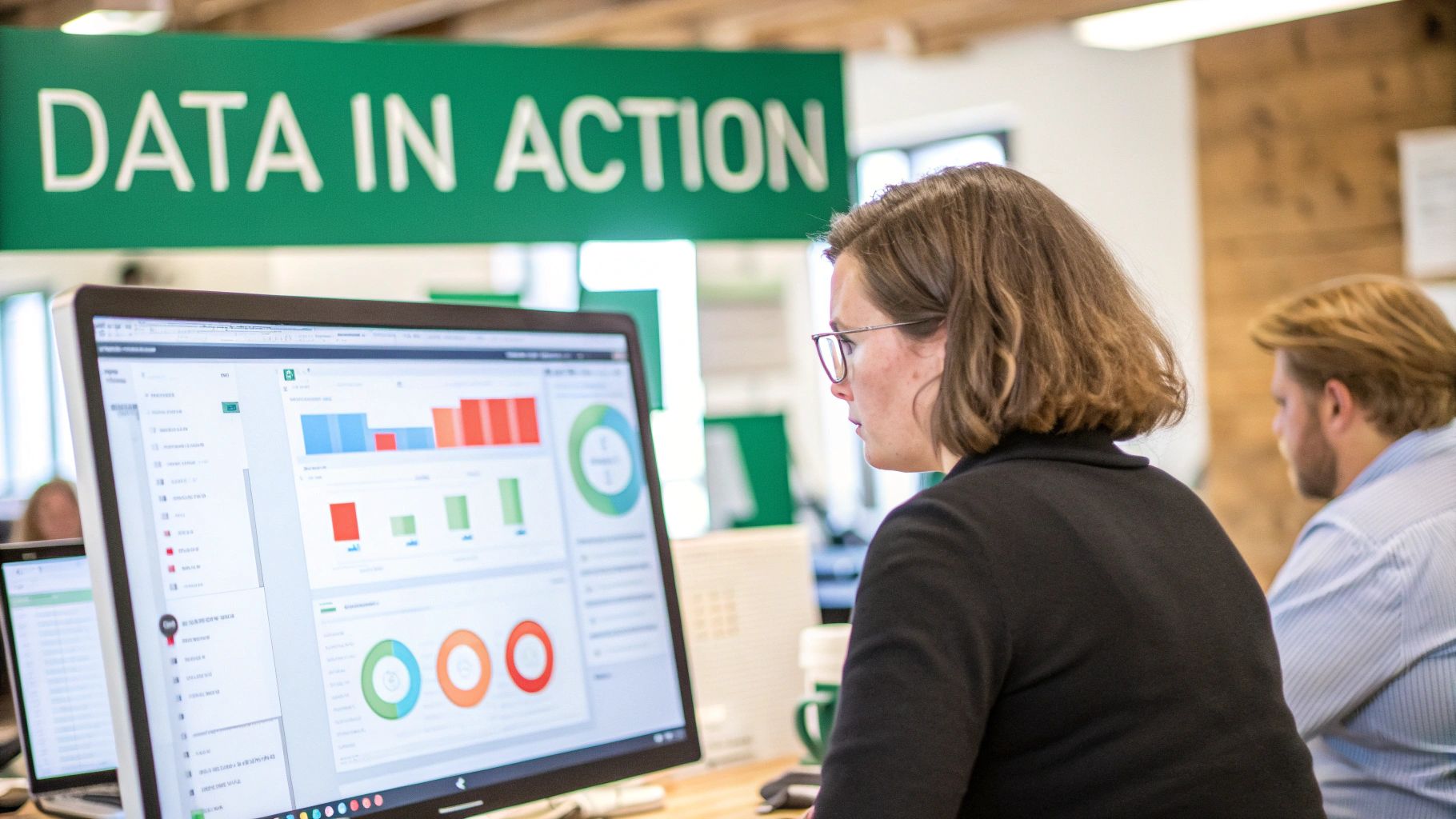 A woman with glasses analyzes data visualizations on a computer screen displaying charts in an office.