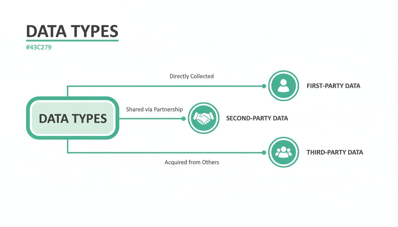 Diagram explaining different data types: first-party (direct), second-party (shared), and third-party (acquired).