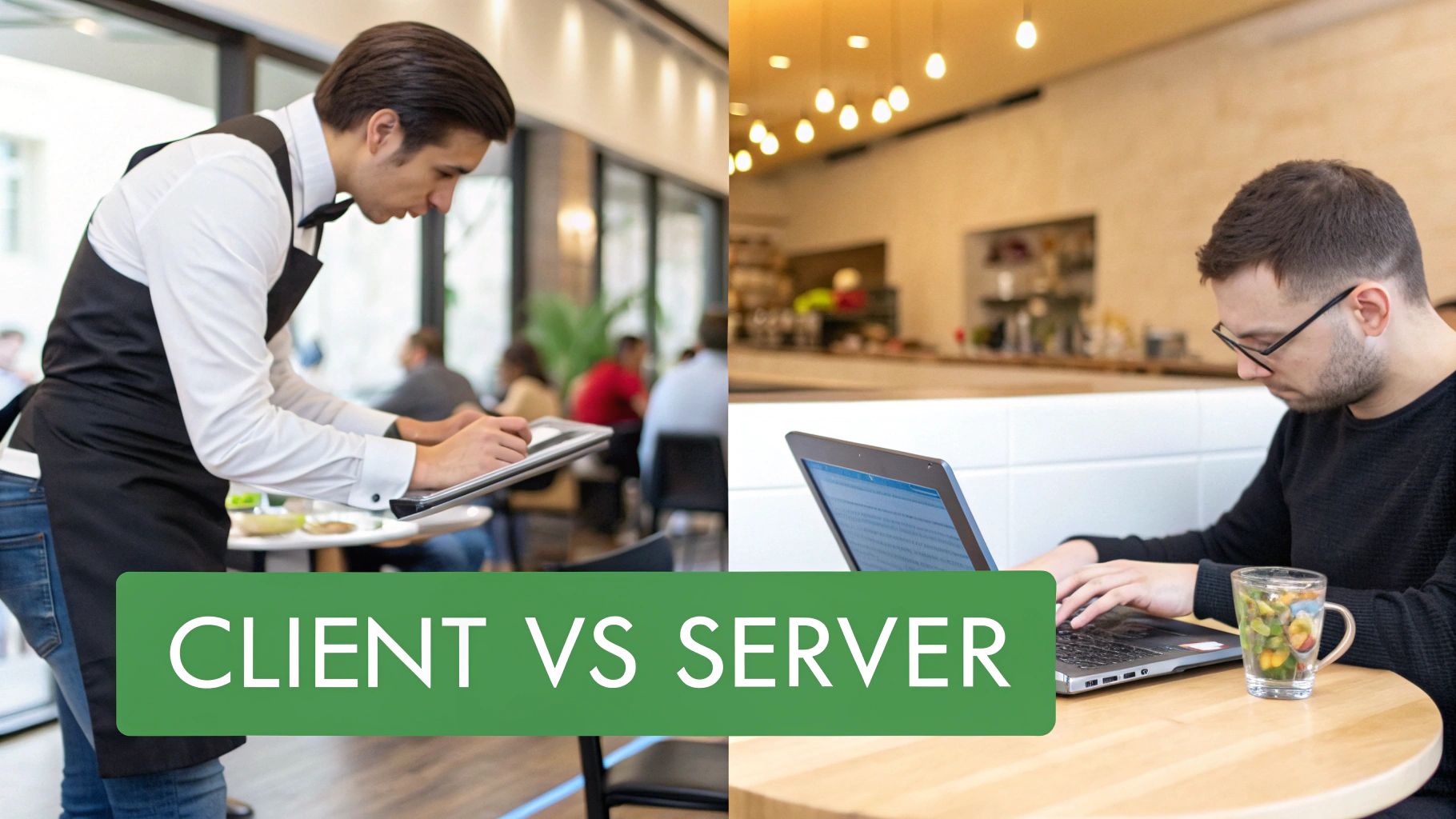 A waiter uses a tablet to serve, contrasting with a client typing on a laptop in a cafe.