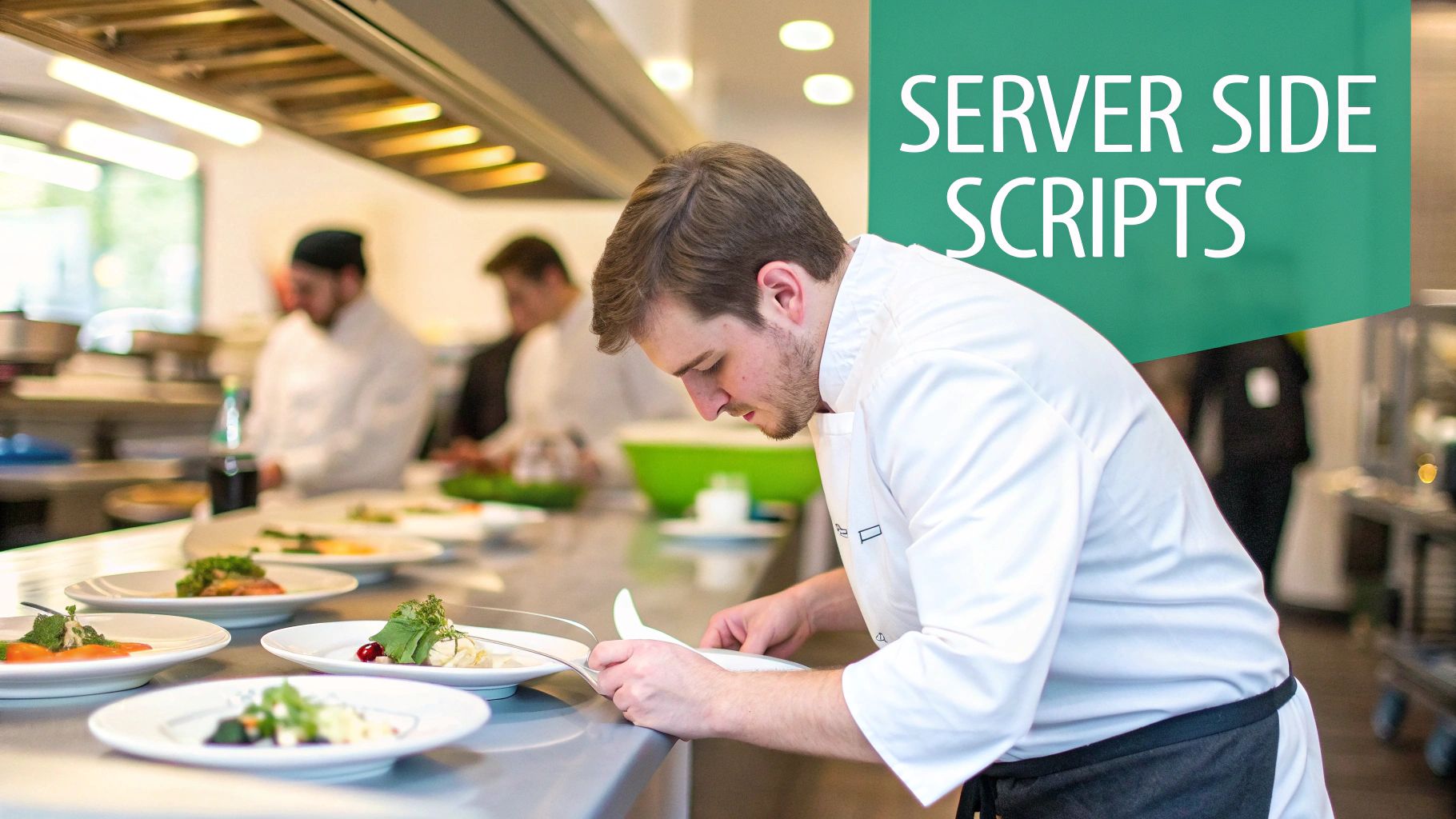 A young chef meticulously plates gourmet dishes in a busy professional kitchen environment.