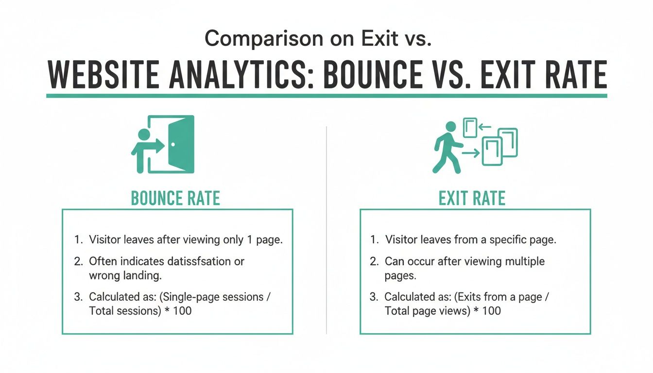 Infographic comparing website bounce rate and exit rate, with definitions, calculations, and icons.