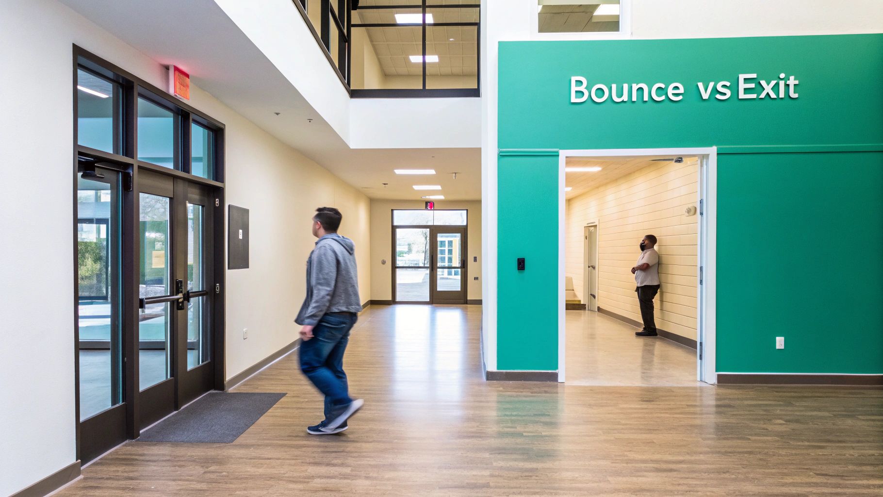 Two people in a modern building hallway with 'Bounce vs Exit' sign above an open doorway.