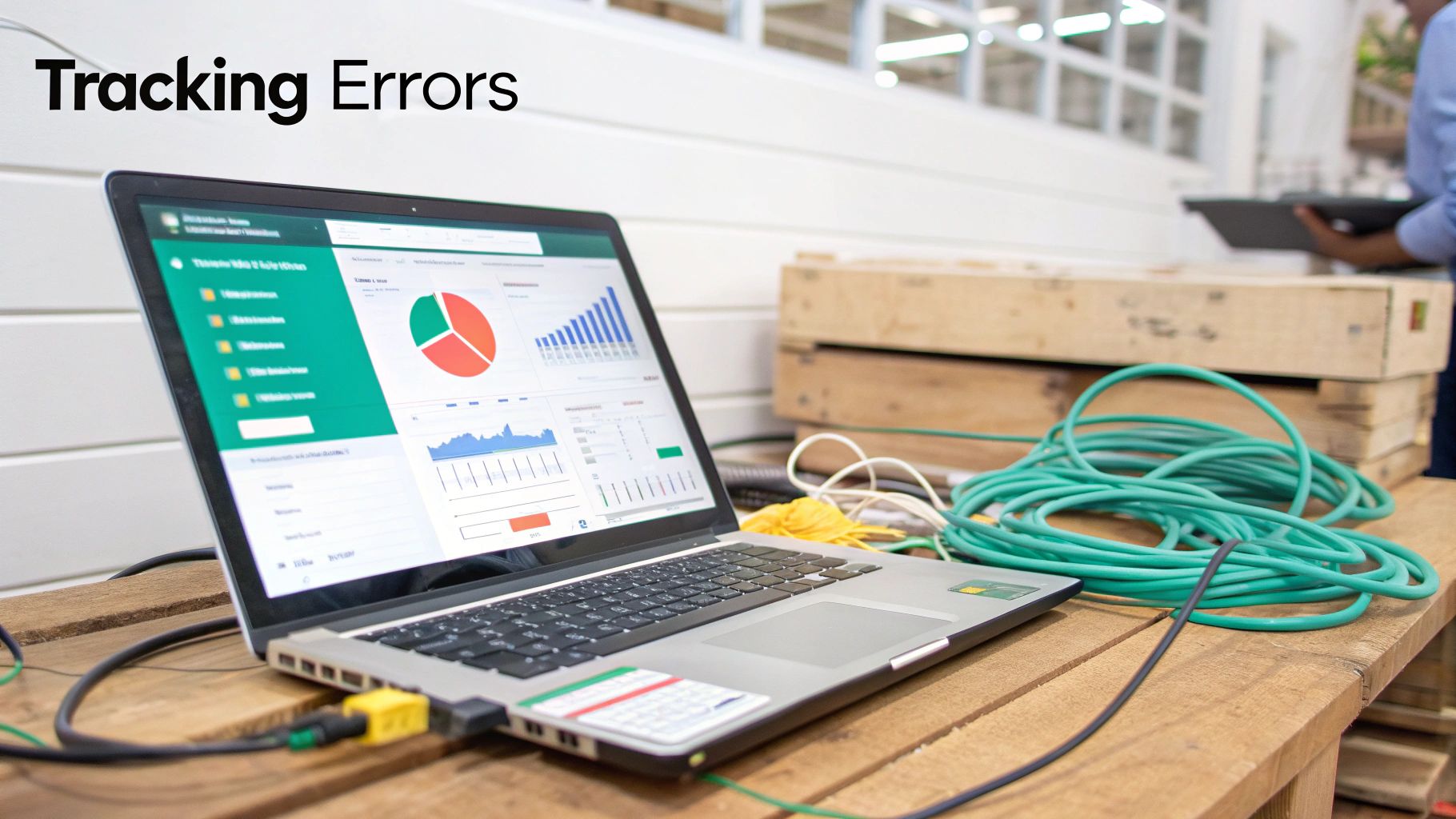 A laptop displays data tracking graphs and charts, highlighting business analytics and performance metrics.
