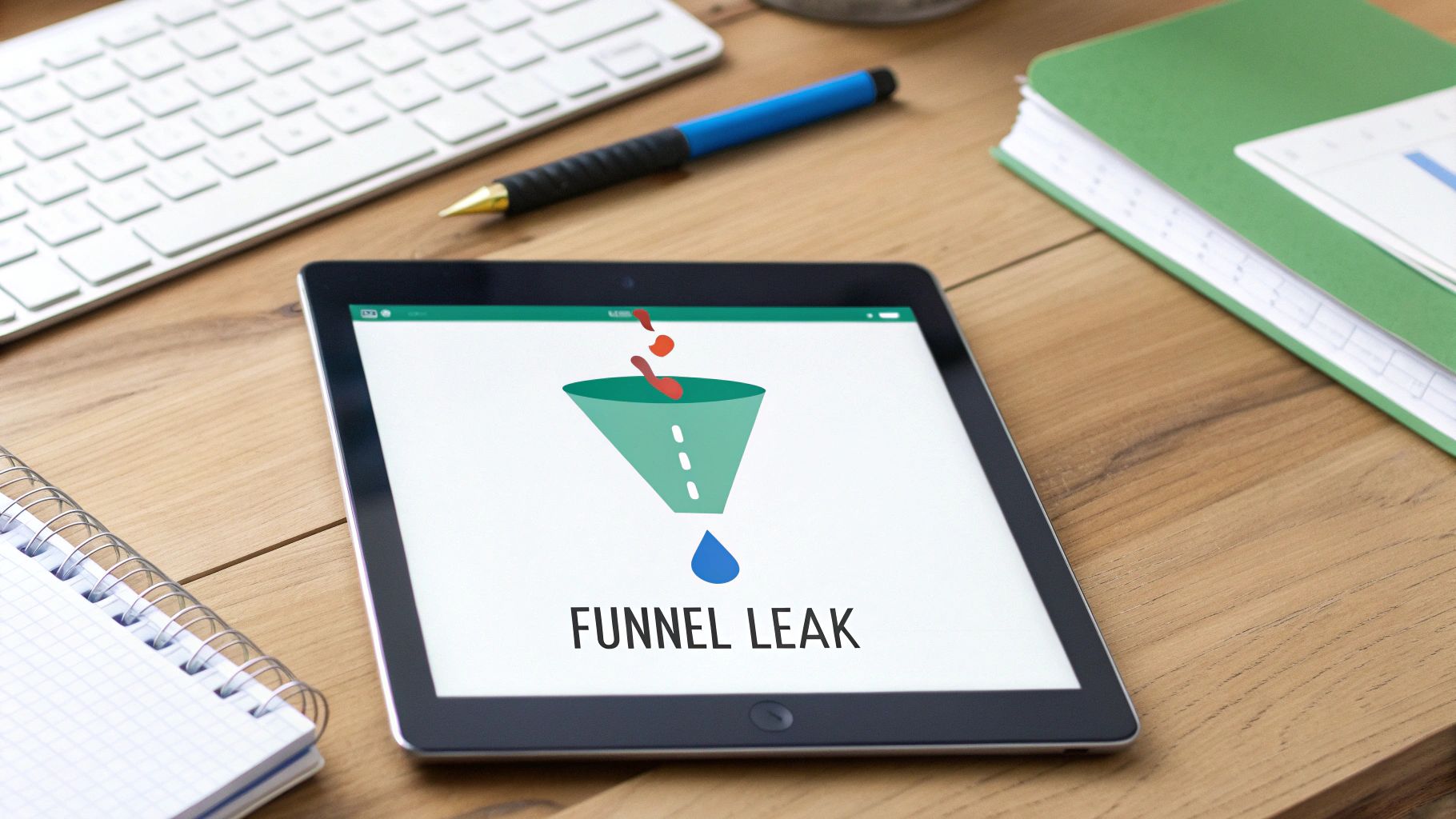 A tablet on a wooden desk displays a graphic labeled 'FUNNEL LEAK' with a funnel and dripping liquid.