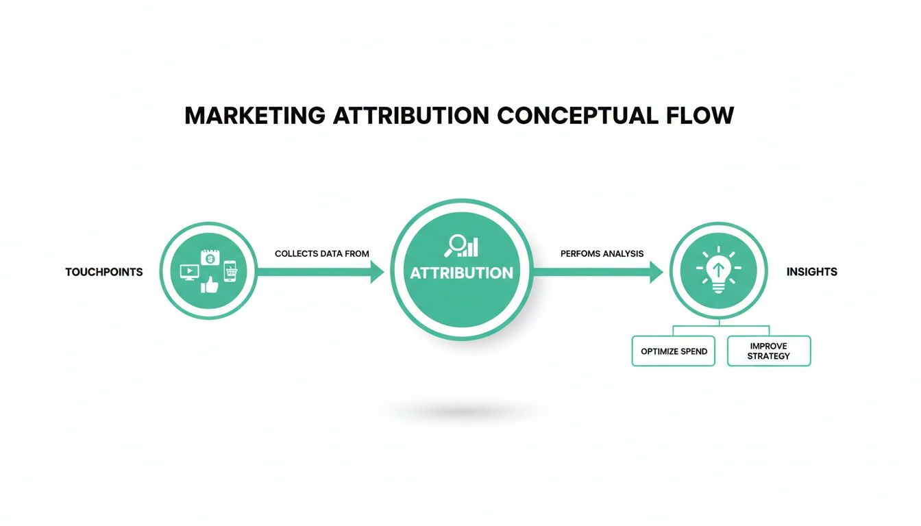 A marketing attribution conceptual flow diagram illustrating data collection, analysis, and insights for optimizing strategy.