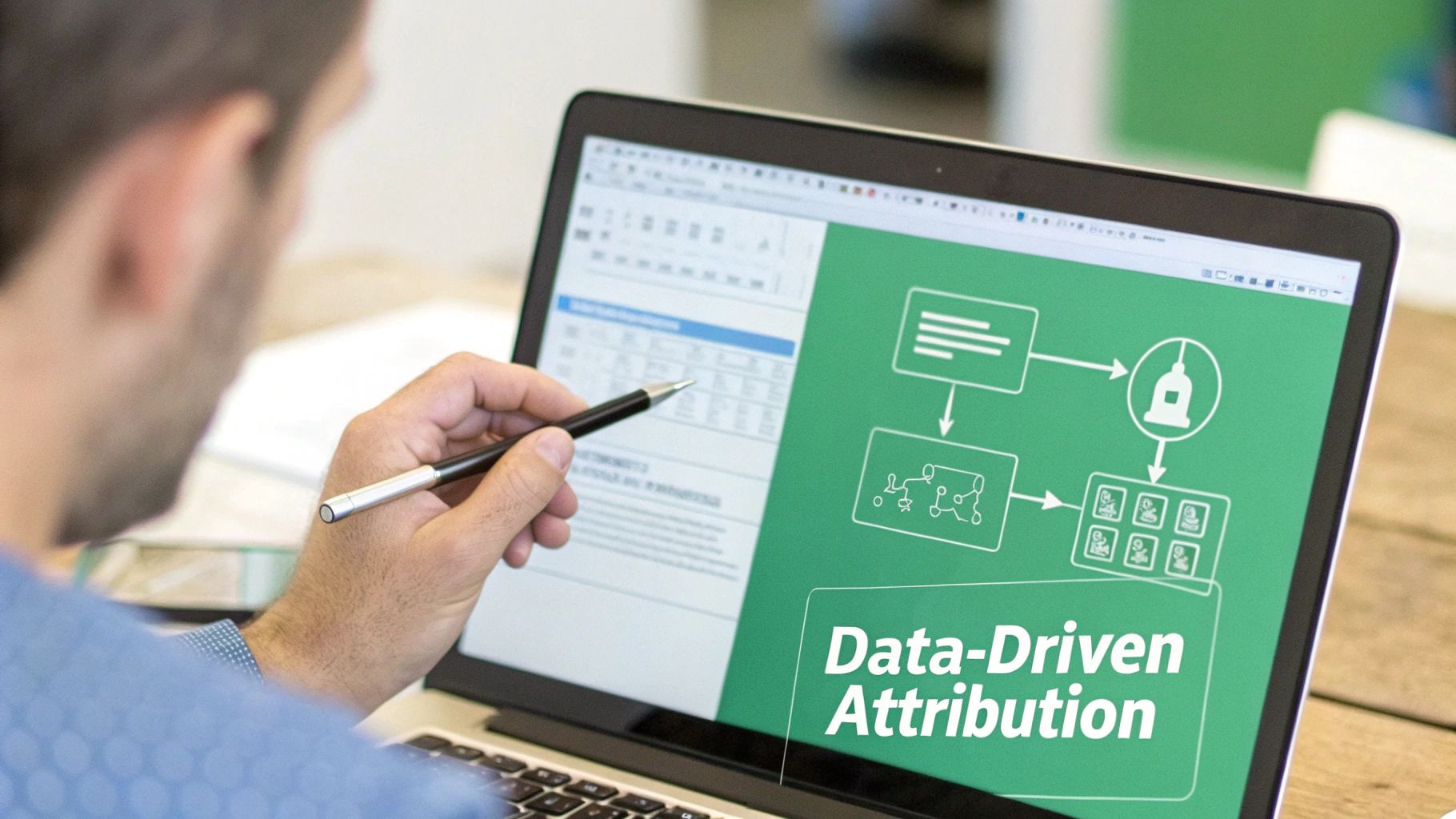 Man pointing at a laptop screen displaying a data-driven attribution flowchart and spreadsheet.