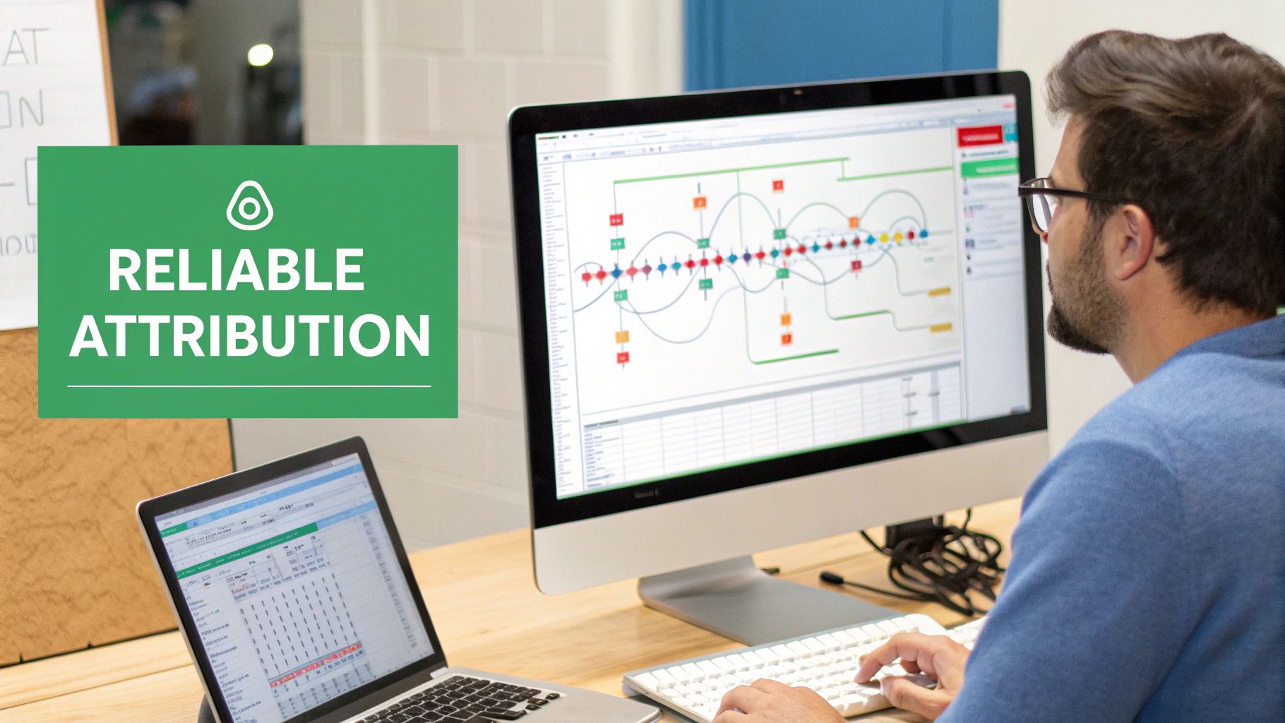 Professional analyzes data flow on a large monitor next to a laptop, featuring 'Reliable Attribution'.