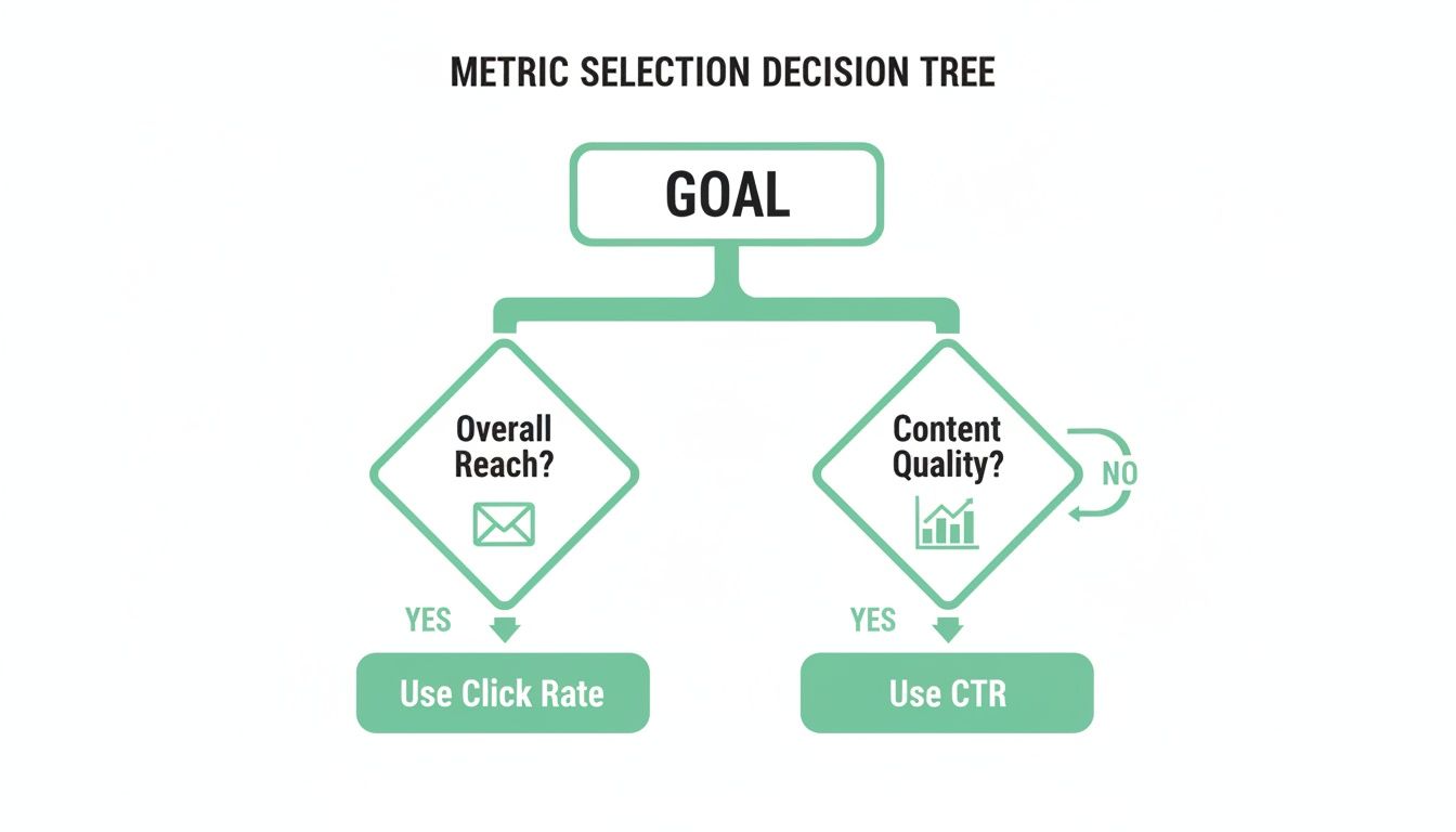 A metric selection decision tree diagram guiding choices between Click Rate and CTR based on goal.