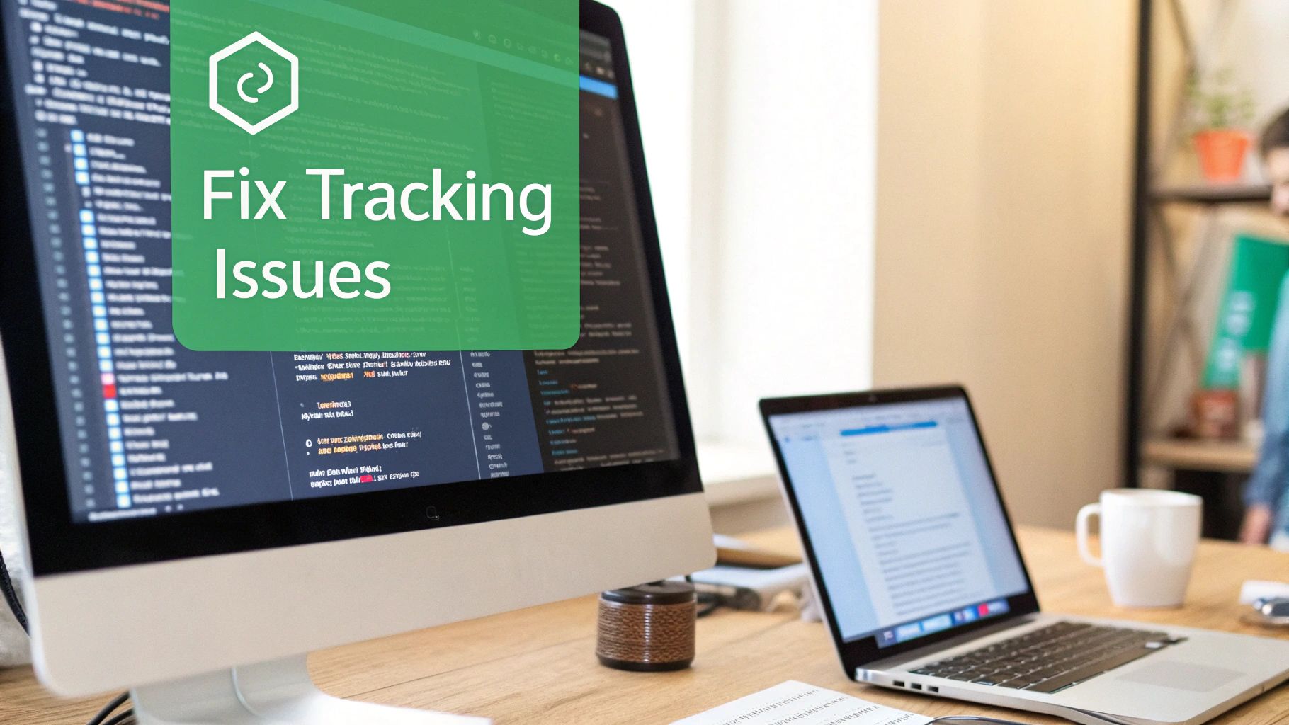 Computer monitor displaying code and 'Fix Tracking Issues' text, with a laptop and coffee mug on a wooden desk.