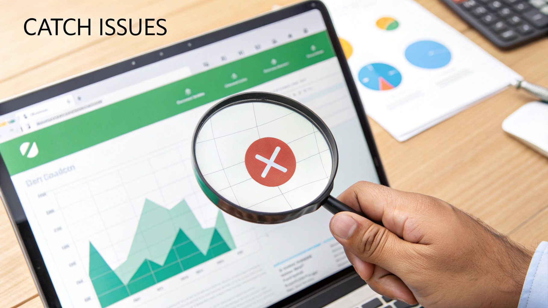 A hand uses a magnifying glass to inspect a laptop screen with data charts, revealing a red 'X' mark.