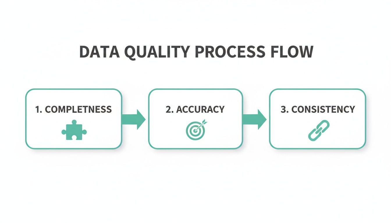 Flowchart illustrating the data quality process with three key steps: completeness, accuracy, and consistency.