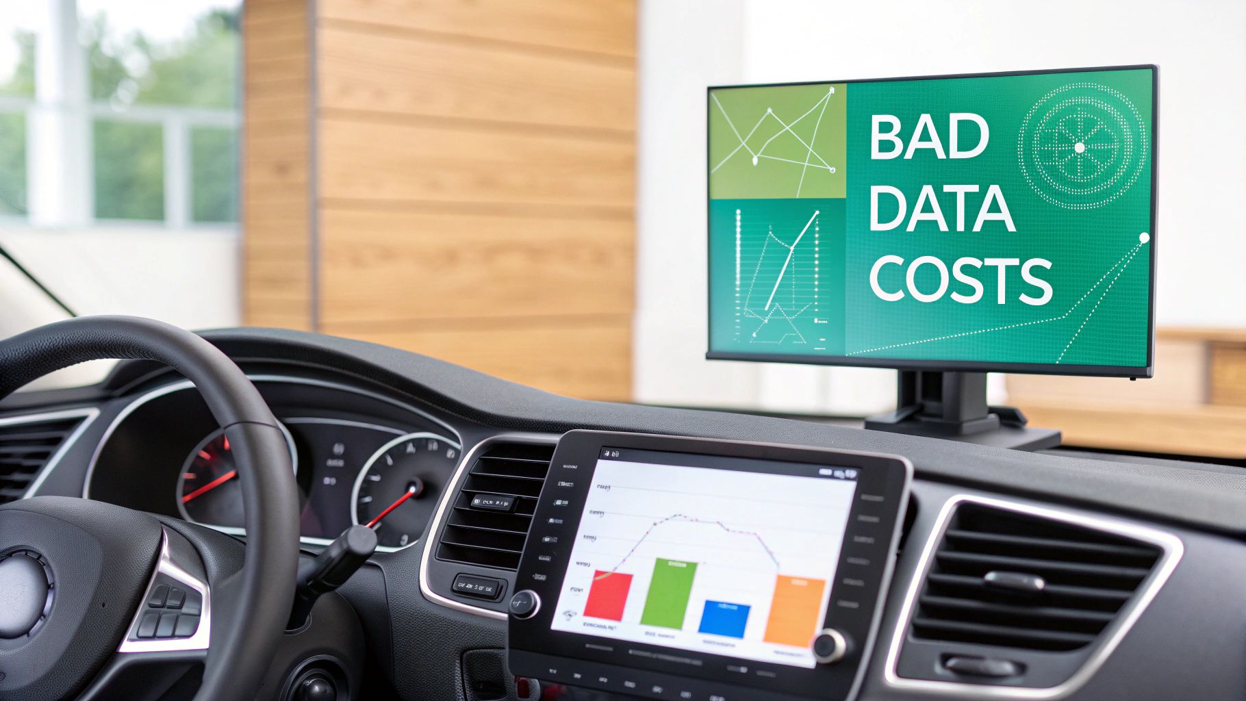 Inside a car, dashboard shows data charts while a monitor displays 'Bad Data Costs' with graphs.