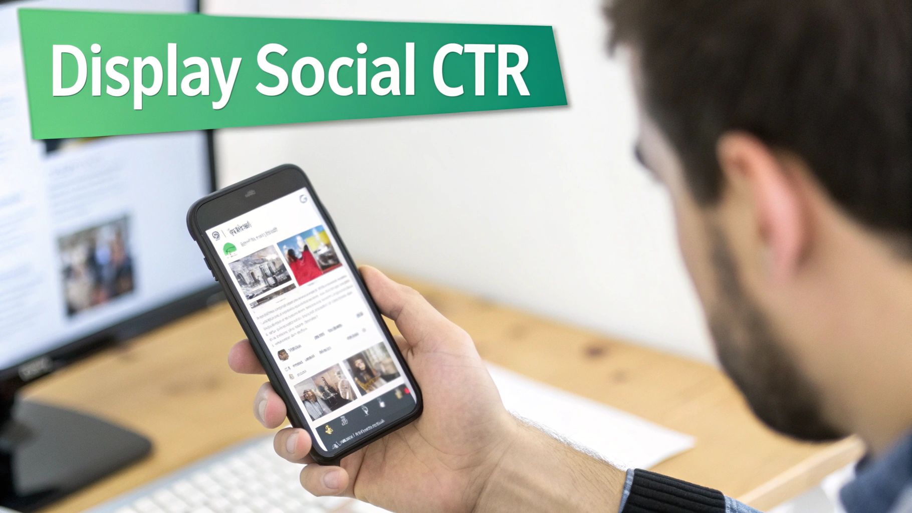 A person holding a smartphone displaying a social media feed, with 'Display Social CTR' banner.