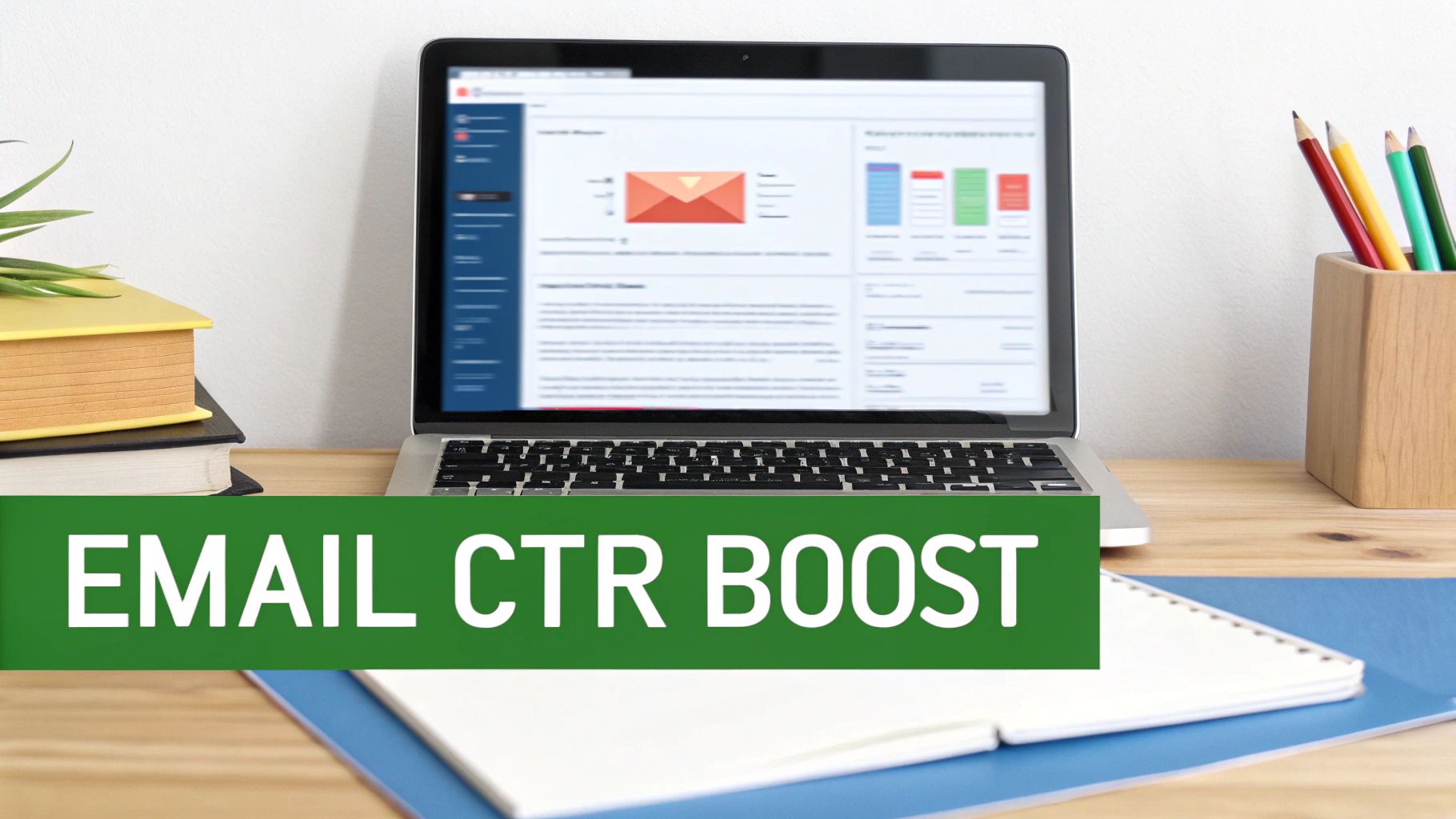 A laptop displaying an email marketing dashboard on a wooden desk with books and pencils, featuring 'EMAIL CTR BOOST' banner.