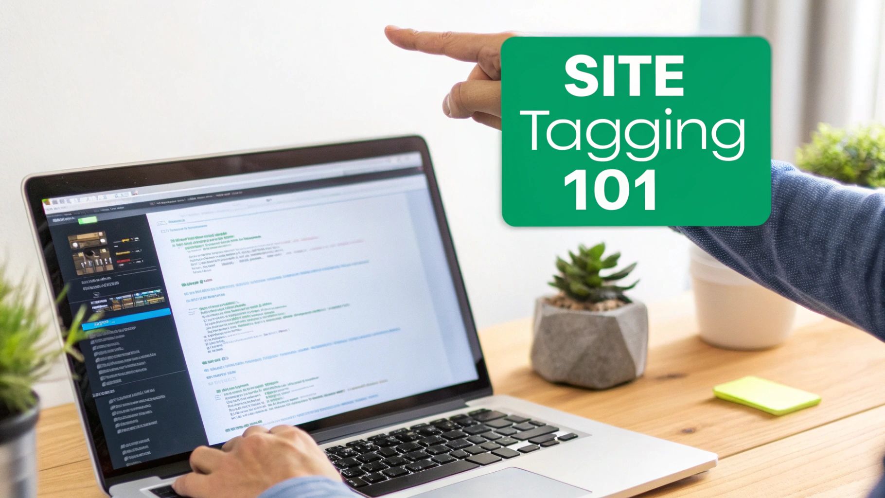 A person types on a laptop while pointing to a green sign that reads 'SITE Tagging 101'.