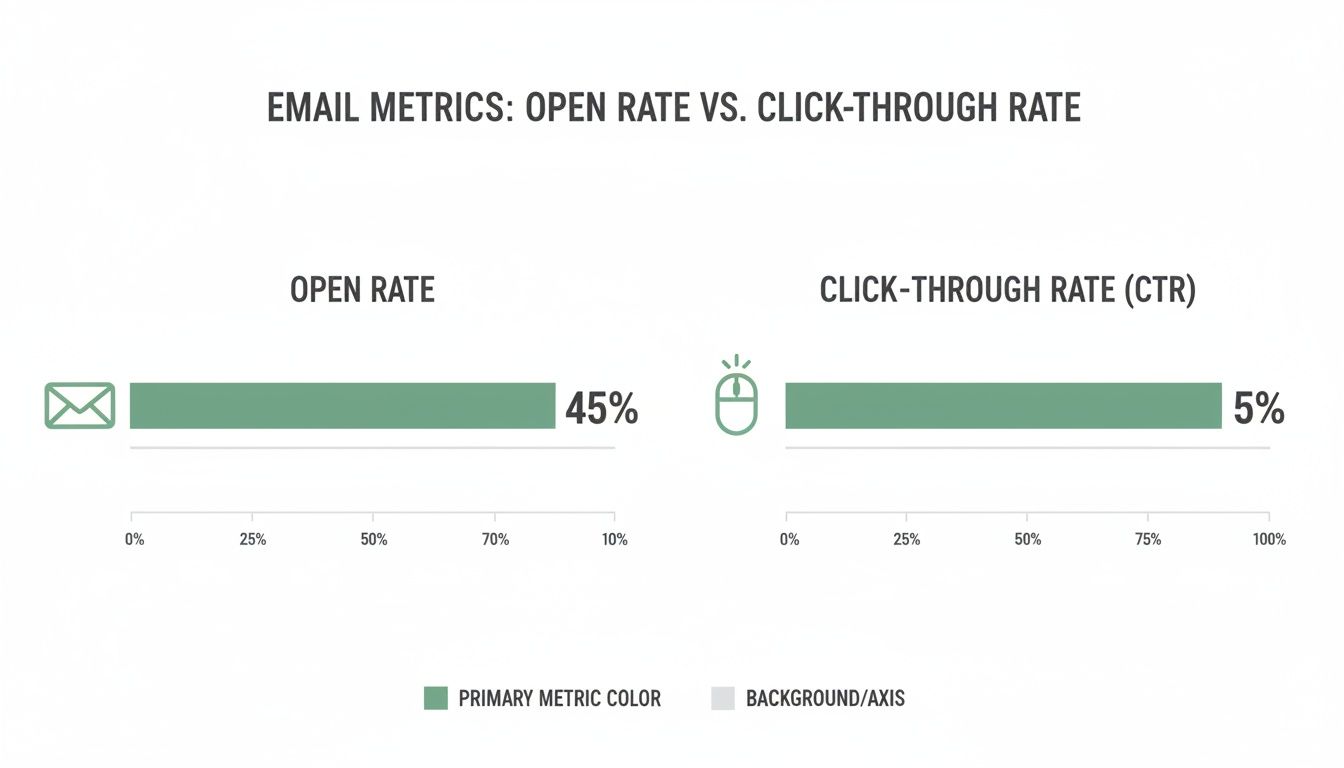 Bar chart comparing email open rate at 45% and click-through rate at 5%.