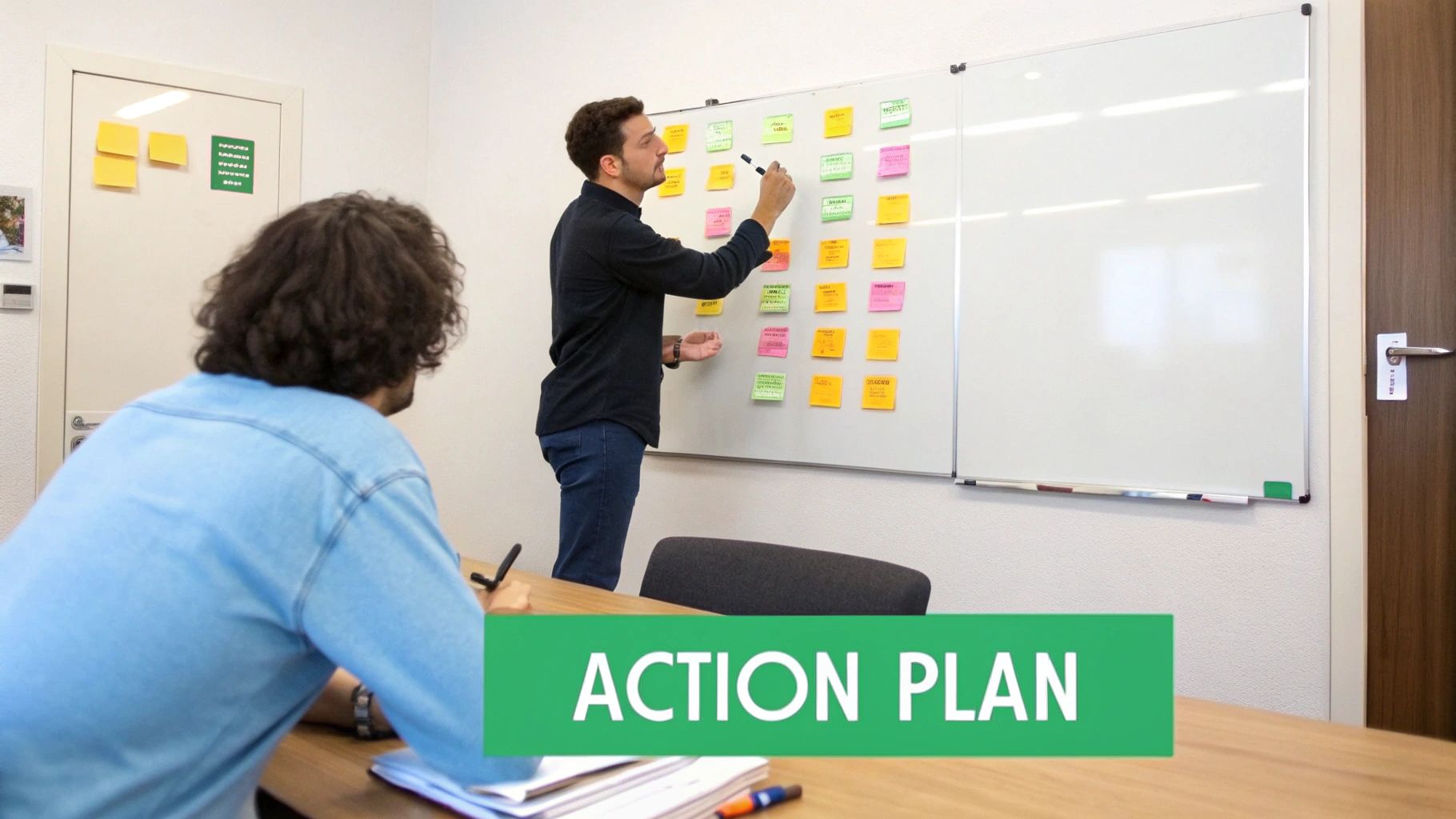 Two men brainstorming an action plan on a whiteboard with sticky notes in an office.