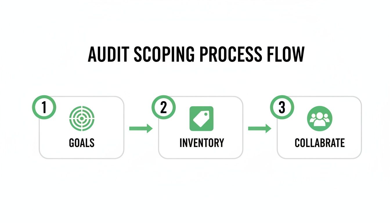 A three-step audit scoping process flow diagram with icons for goals, inventory, and collaboration.