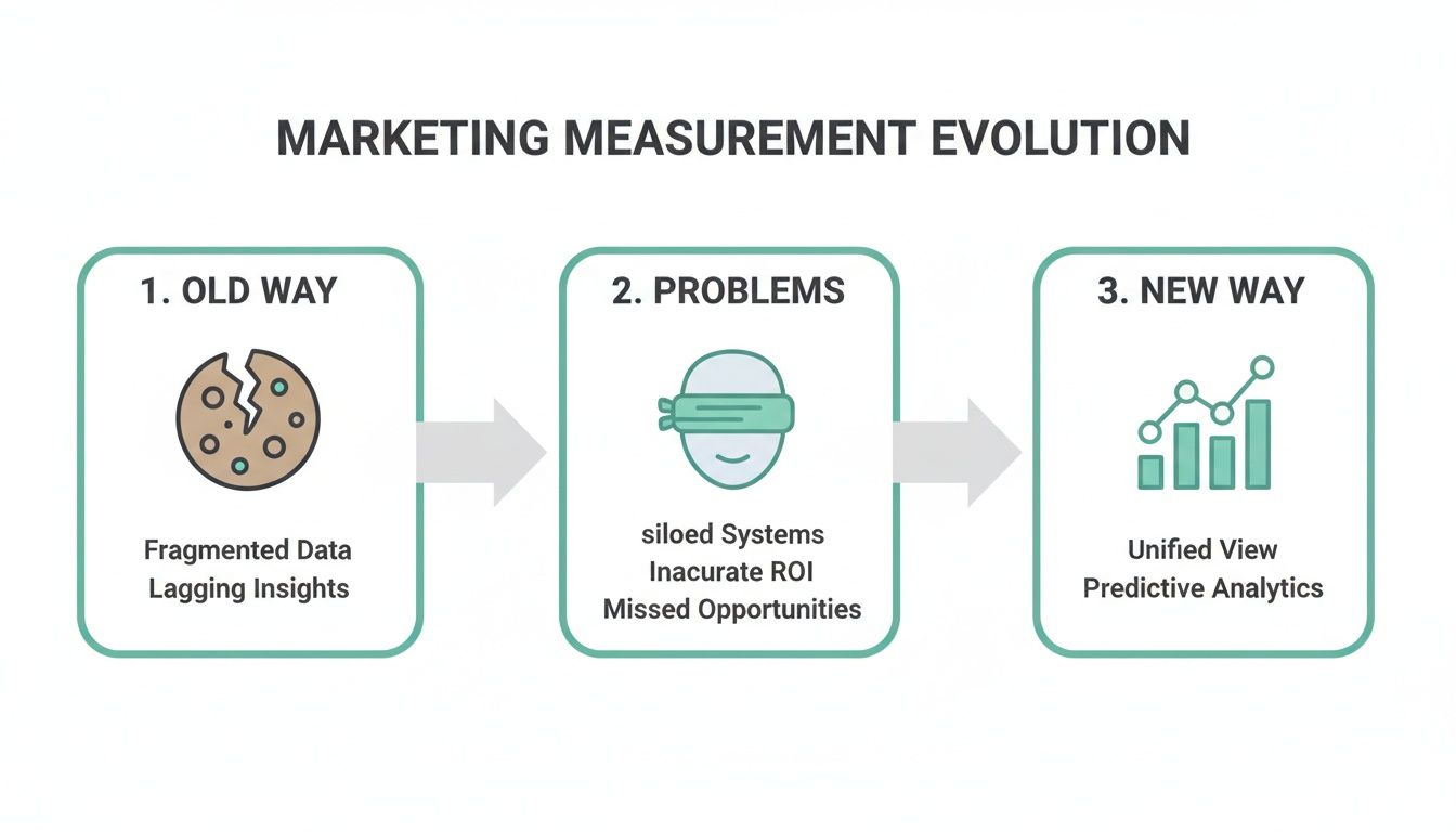 An infographic illustrating the evolution of marketing measurement from old ways to new, highlighting problems.