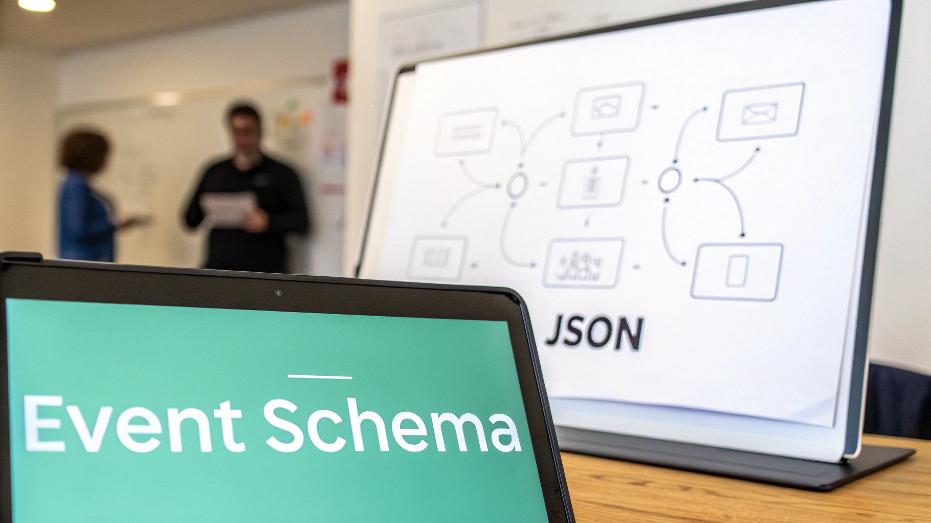 Tablet showing 'Event Schema' in focus, with a whiteboard displaying a JSON data diagram in a meeting room.