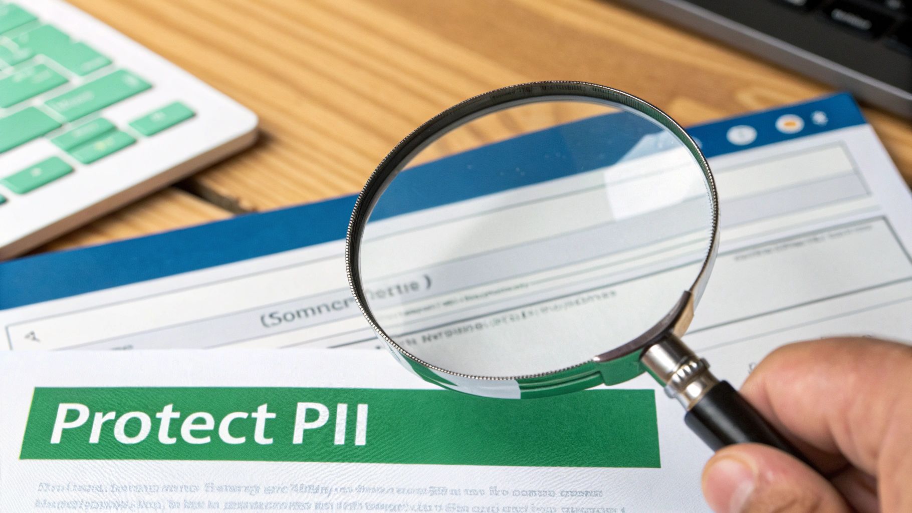 A hand holds a magnifying glass over a document with 'Protect PII' text on a green bar.