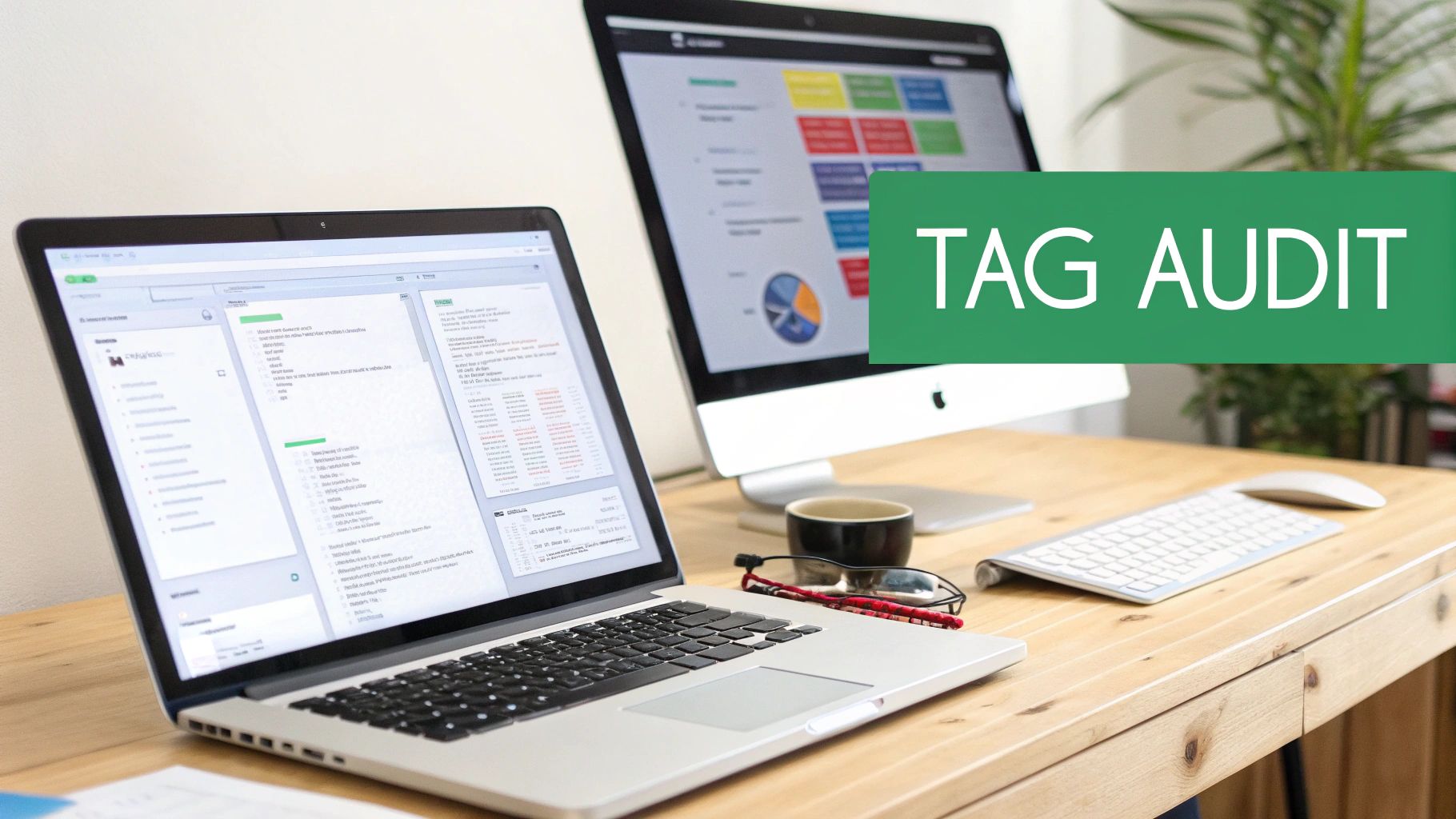 A workspace with a laptop and desktop monitor displaying data, featuring a prominent 'TAG AUDIT' overlay.