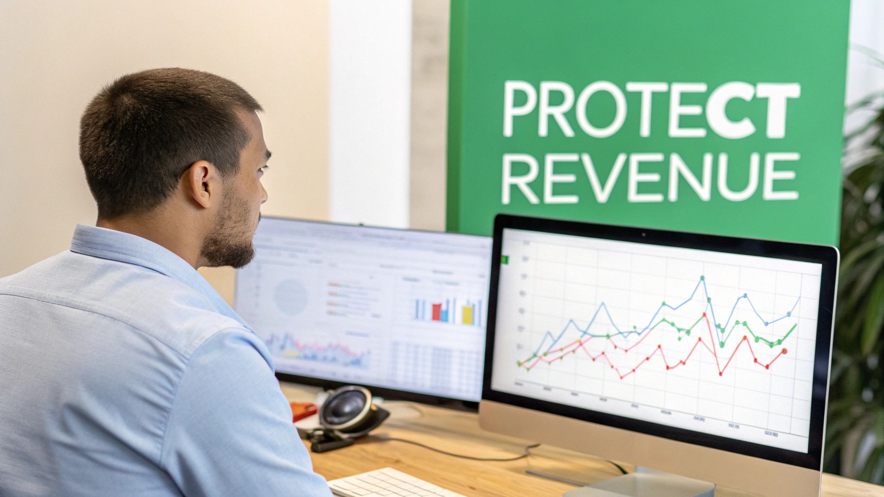 A person views two computer monitors displaying data charts and graphs, with a 'PROTECT REVENUE' sign in the background.