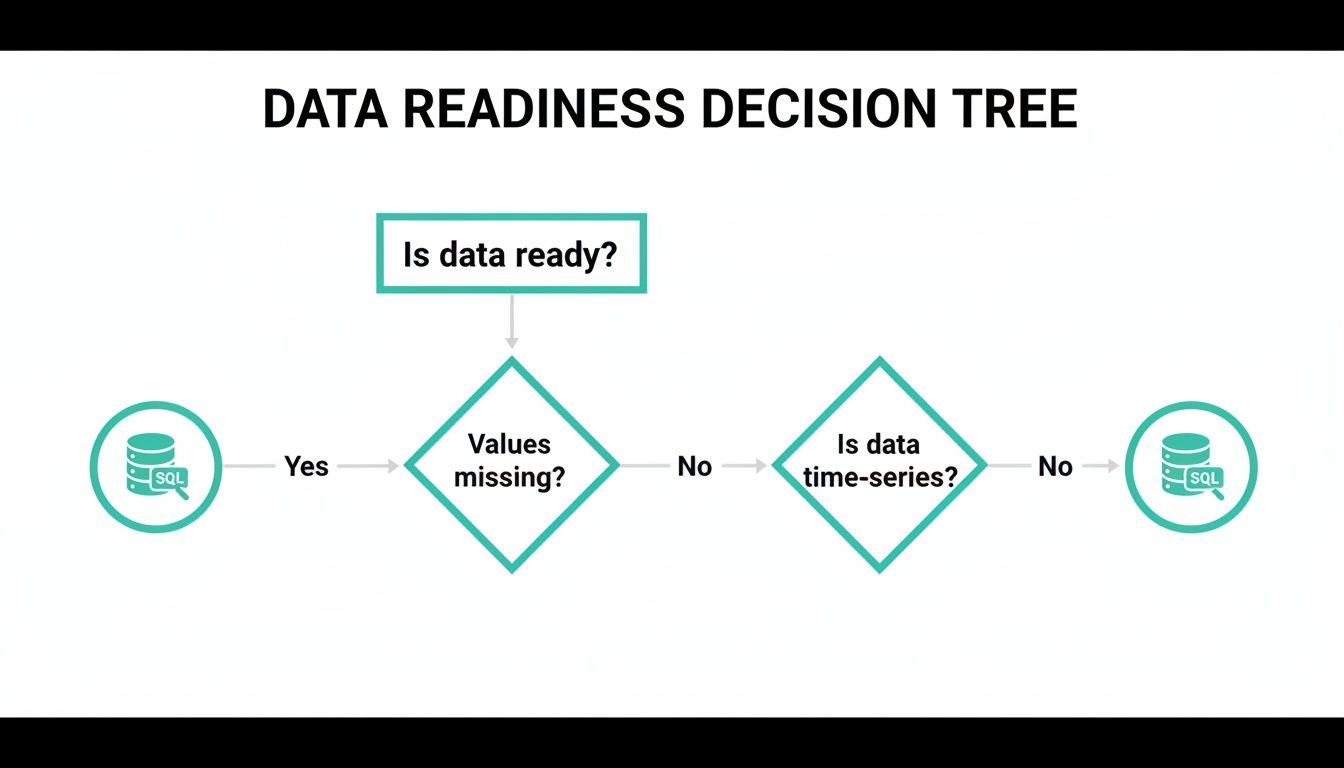 A data readiness decision tree flowchart, illustrating steps for data preparation, including checks for missing values.