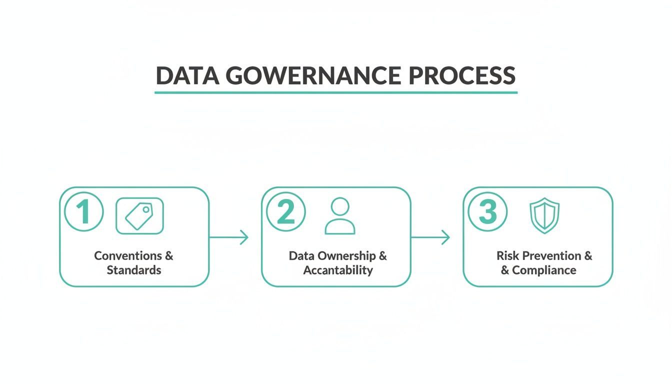A three-step flowchart illustrating the data governance process: conventions, data ownership, and risk prevention.