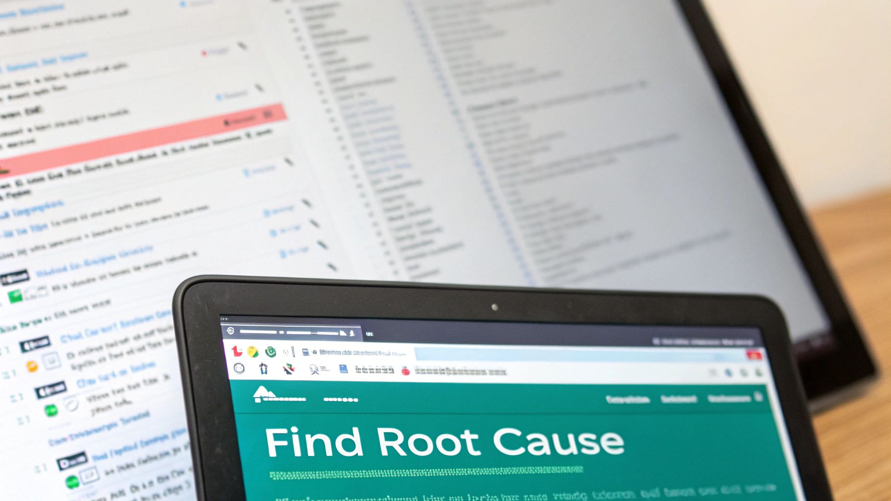Digital screens displaying information, with 'Find Root Cause' prominently visible on one device.