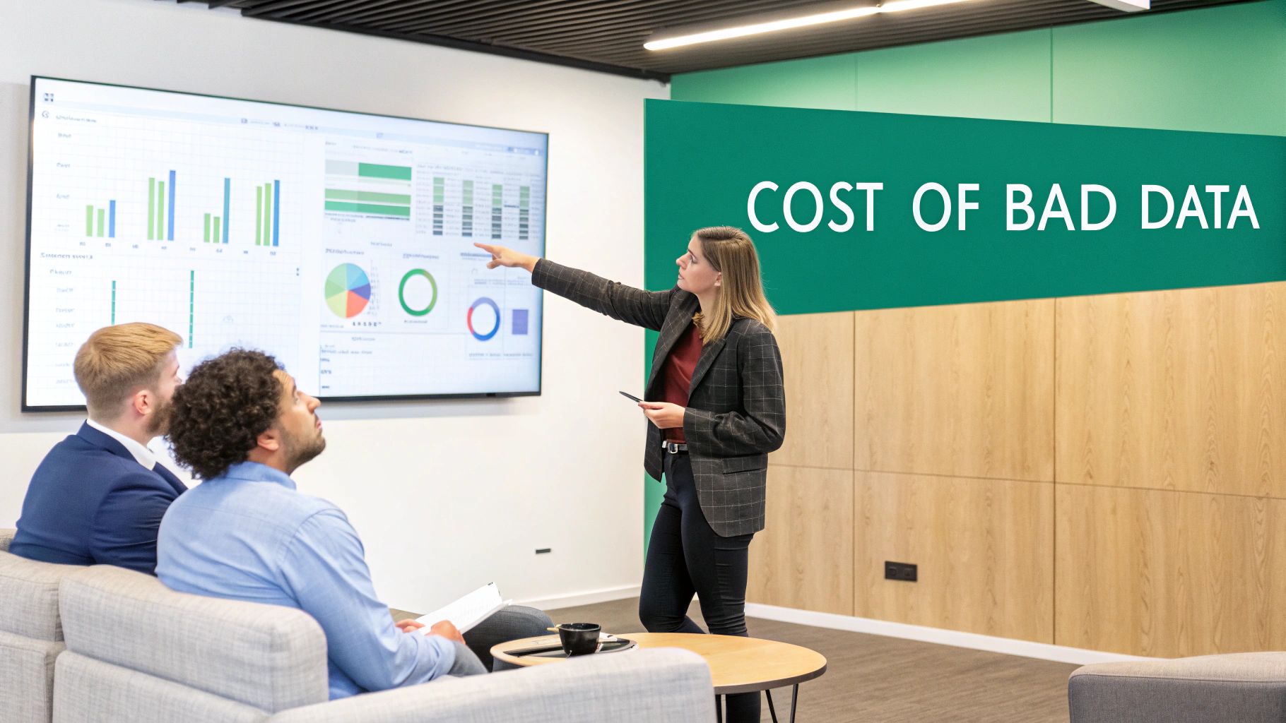 A woman presents data on a screen showing charts to two men, with 'COST OF BAD DATA' displayed.