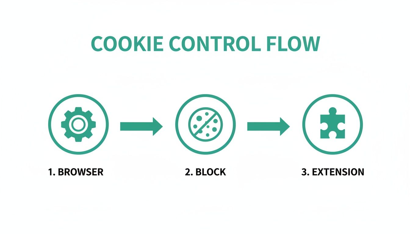 Flowchart showing three steps for cookie control: Browser, Block, and Extension, with corresponding icons.
