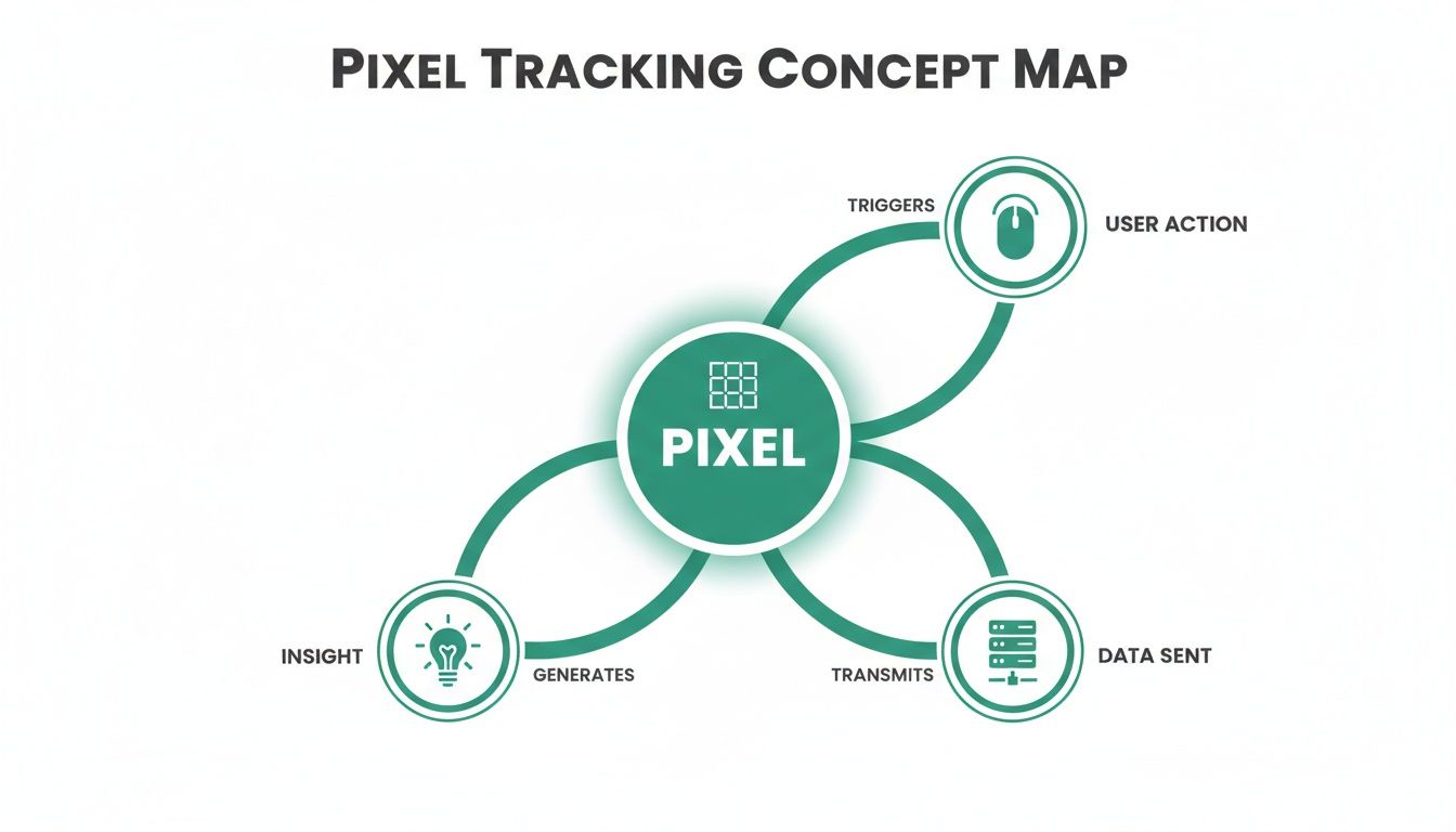 Concept map illustrating pixel tracking, showing how user actions trigger pixels to transmit data and generate insights.