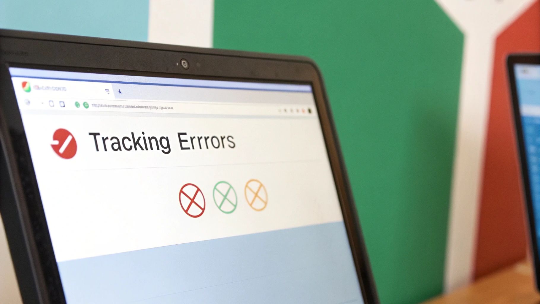 A laptop screen displays a webpage titled 'Tracking Errors' with a red logo and three crossed-out circles.