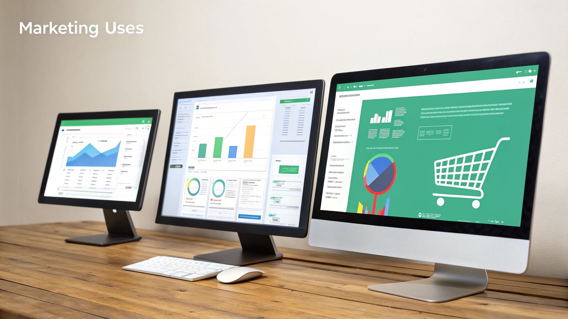 Three desktop monitors displaying marketing analytics, charts, and an e-commerce shopping cart icon.
