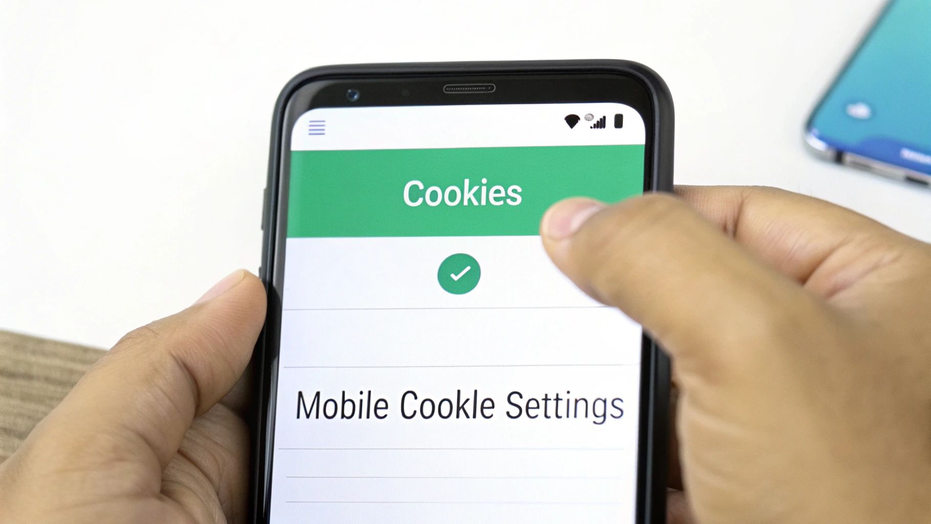 A hand interacts with a smartphone displaying a 'Cookies' settings menu and a green checkmark.