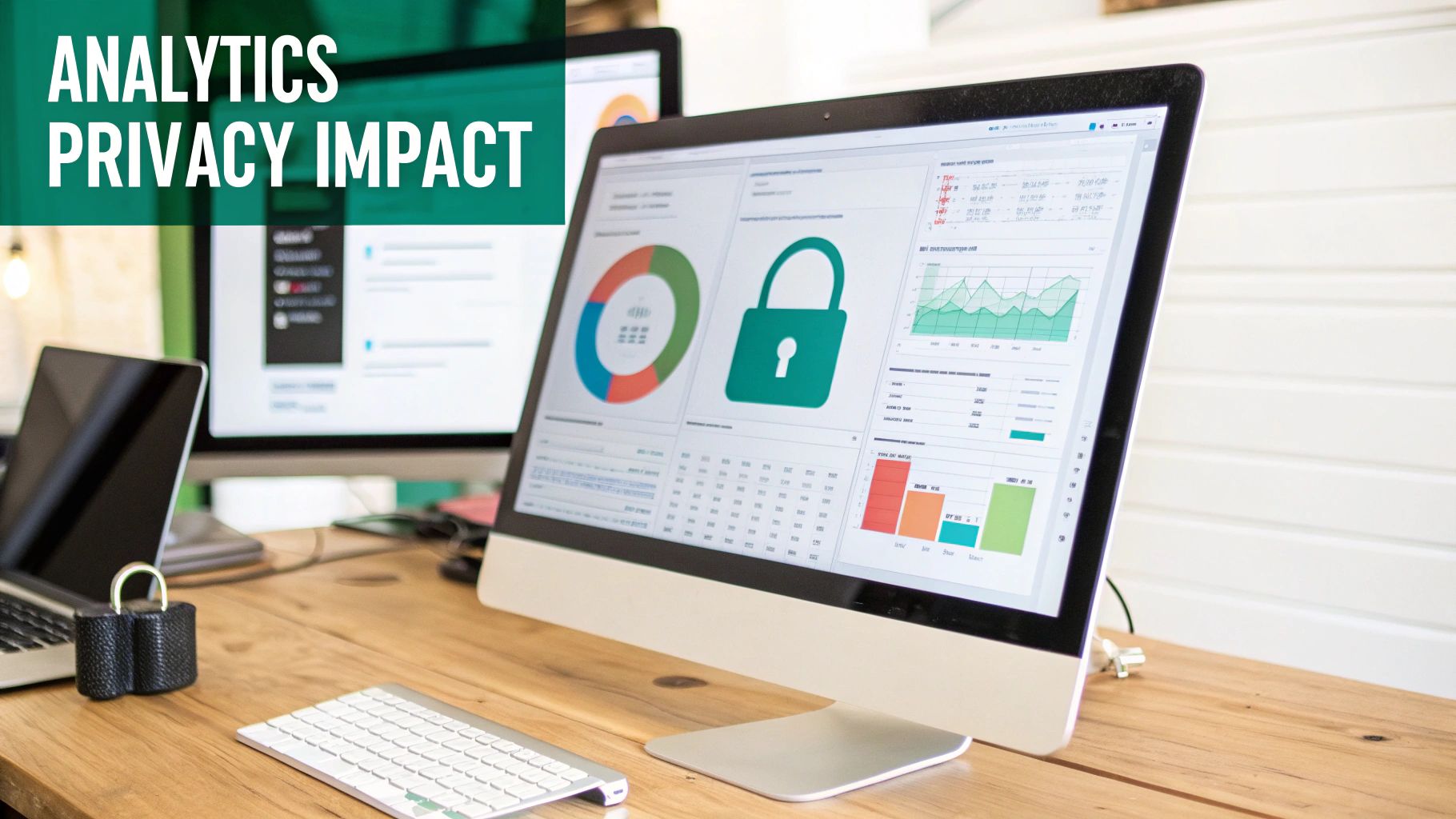 A desktop monitor displays analytics dashboards with a privacy padlock icon, on a wooden desk with other computers.